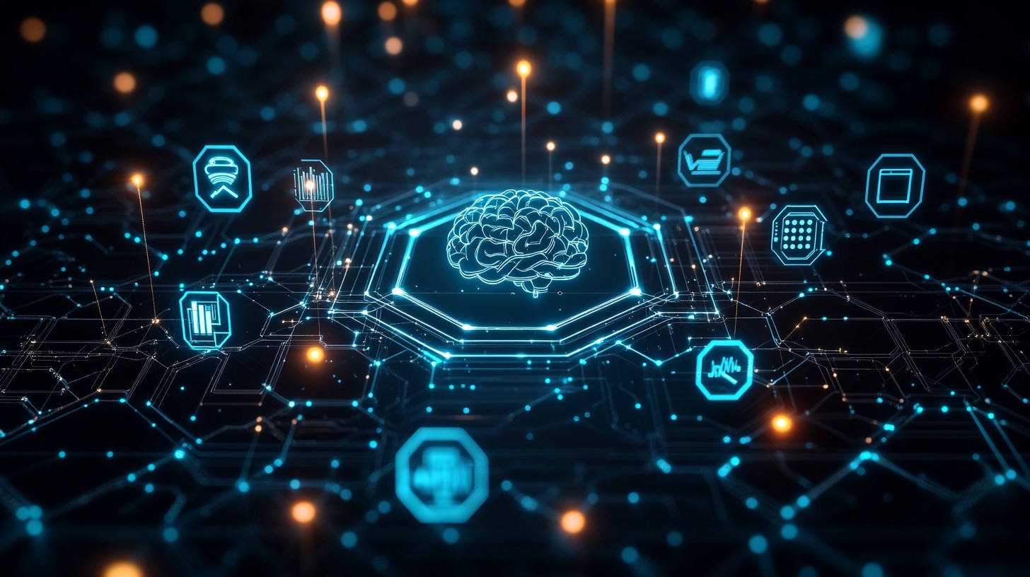 Abstract visualization of AI agent architecture with connected nodes