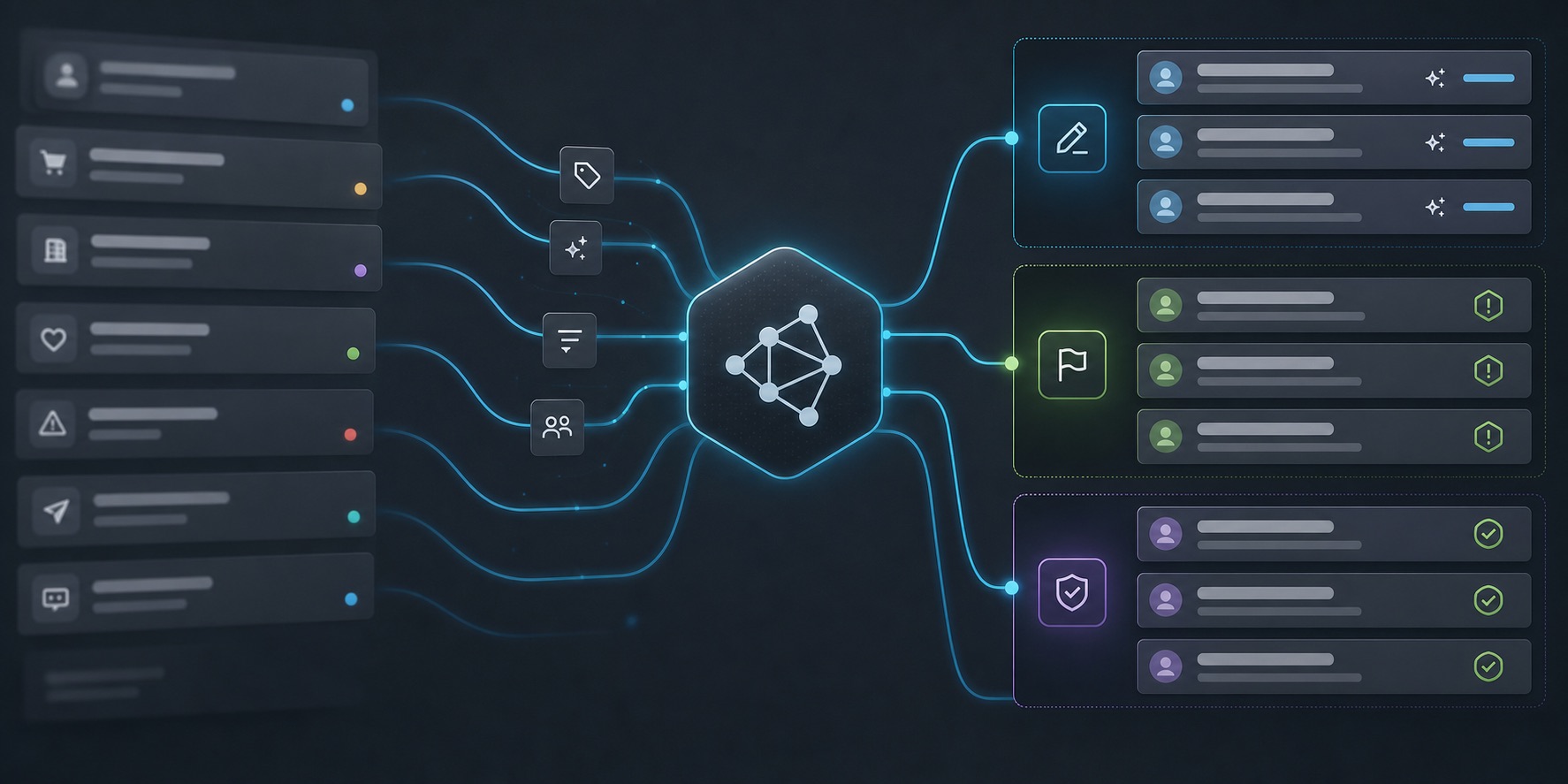 Dark inbox automation console with message cards routed into draft and approval queues