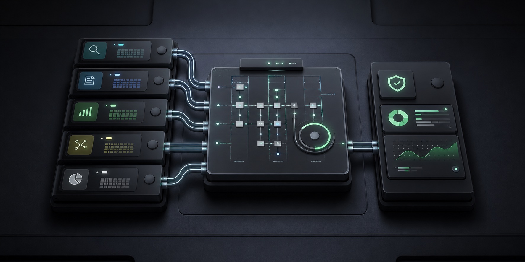 Dark orchestration board showing specialized AI agent modules connected through a workflow