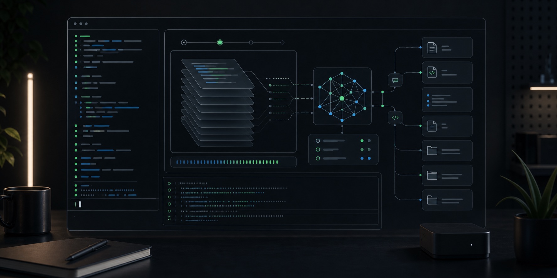 Dark terminal workspace with abstract context windows and AI reasoning graph