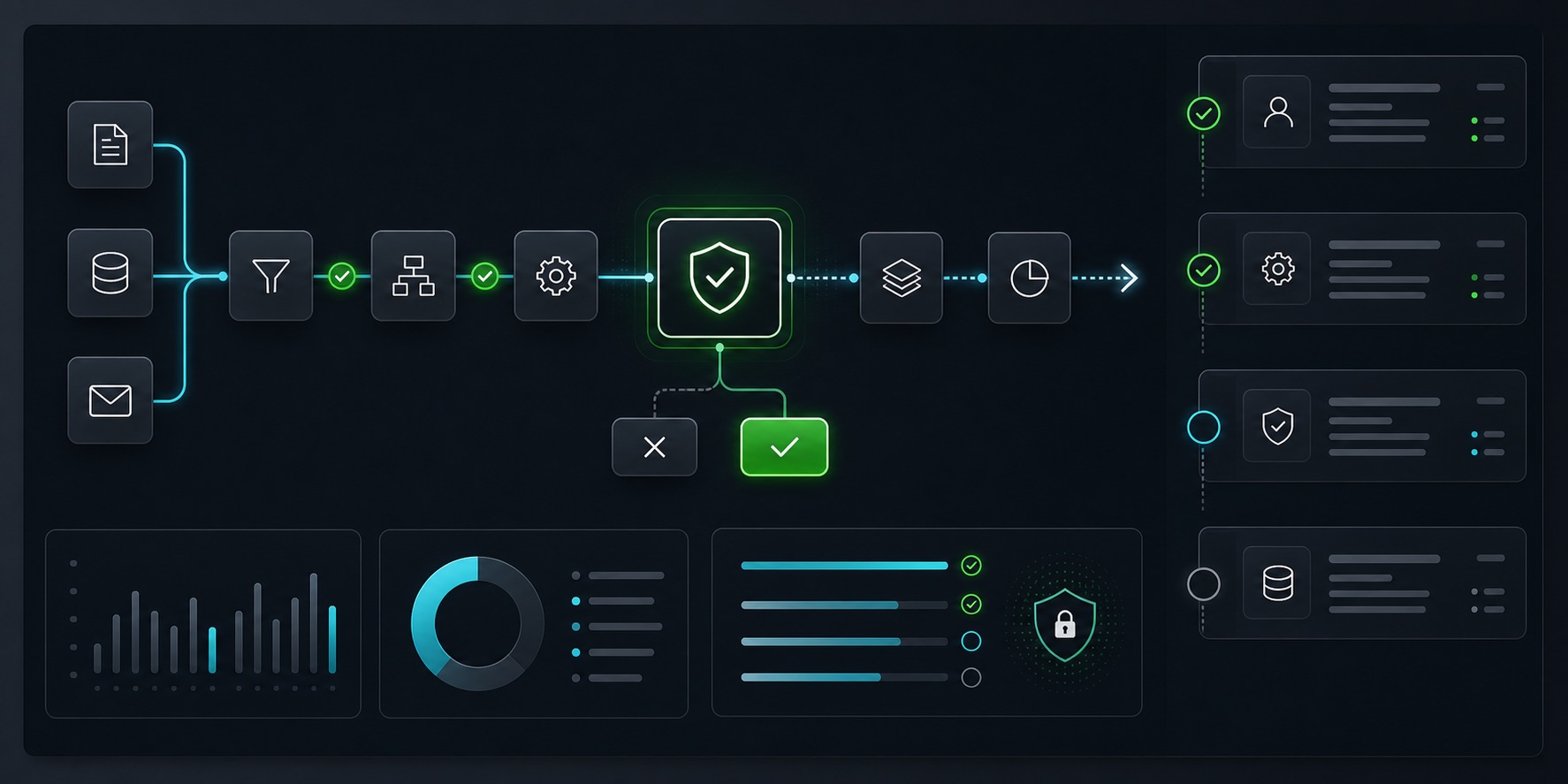 Dark automation dashboard paused at an approval checkpoint with audit trail cards