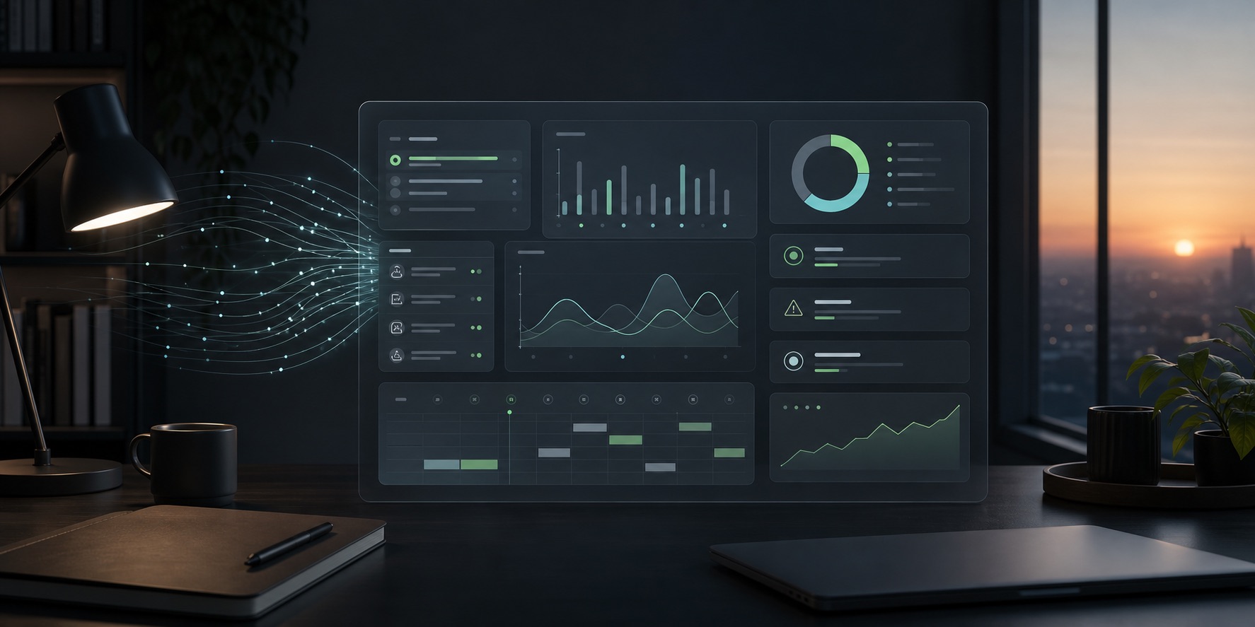 Dark early morning briefing dashboard consolidating alerts, calendar items, and trend cards