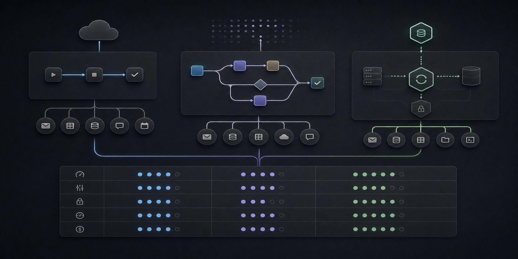 Dark workflow comparison board with three abstract automation routing lanes