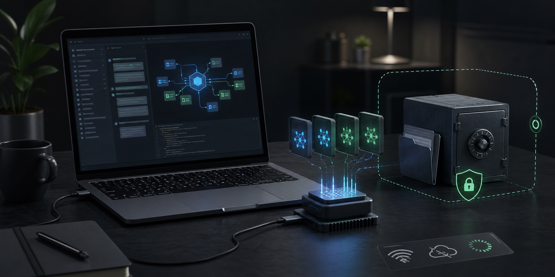 Dark laptop workspace showing local AI model blocks and private data boundary