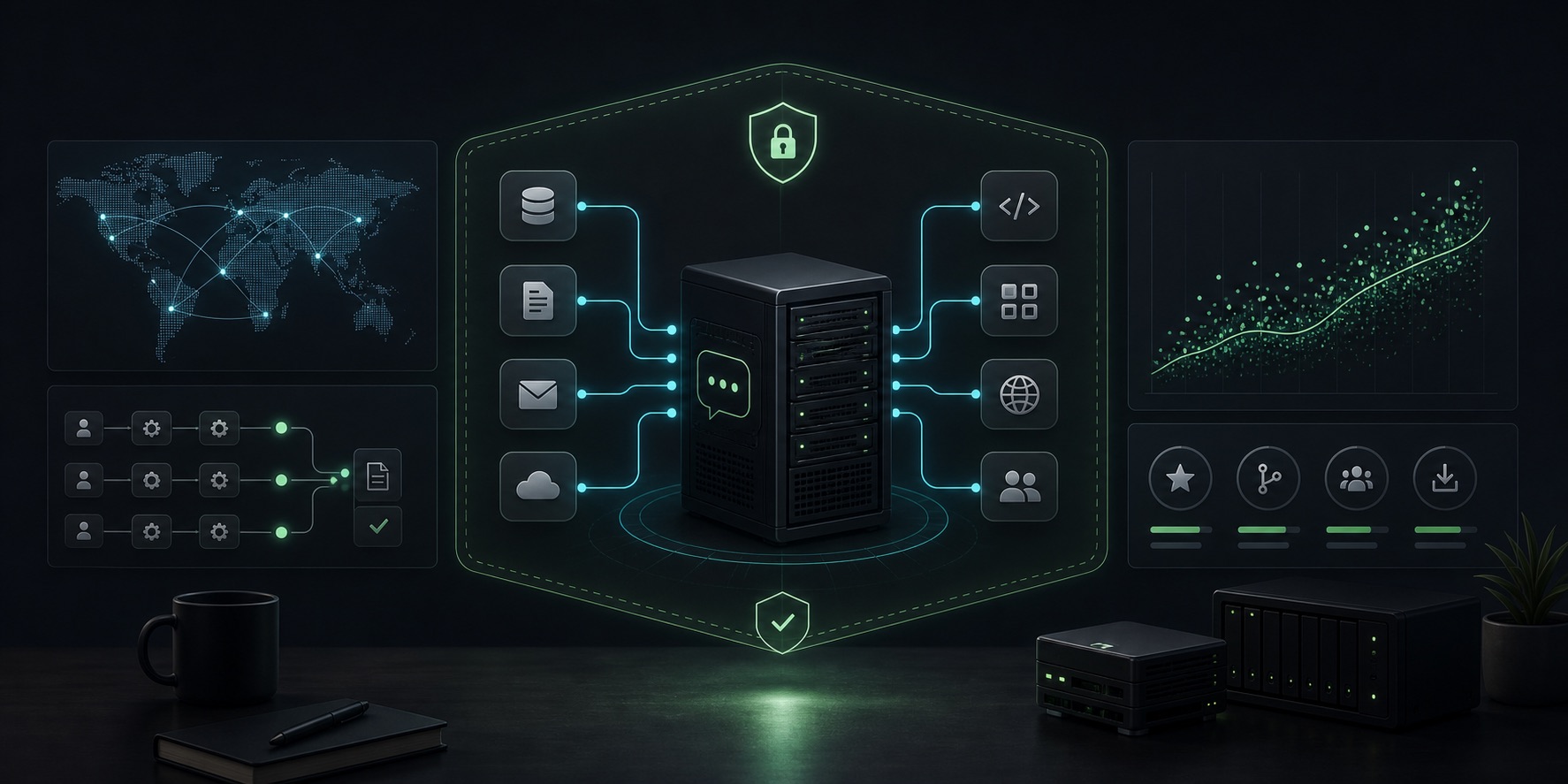 Dark open-source assistant infrastructure with private server and app connector nodes