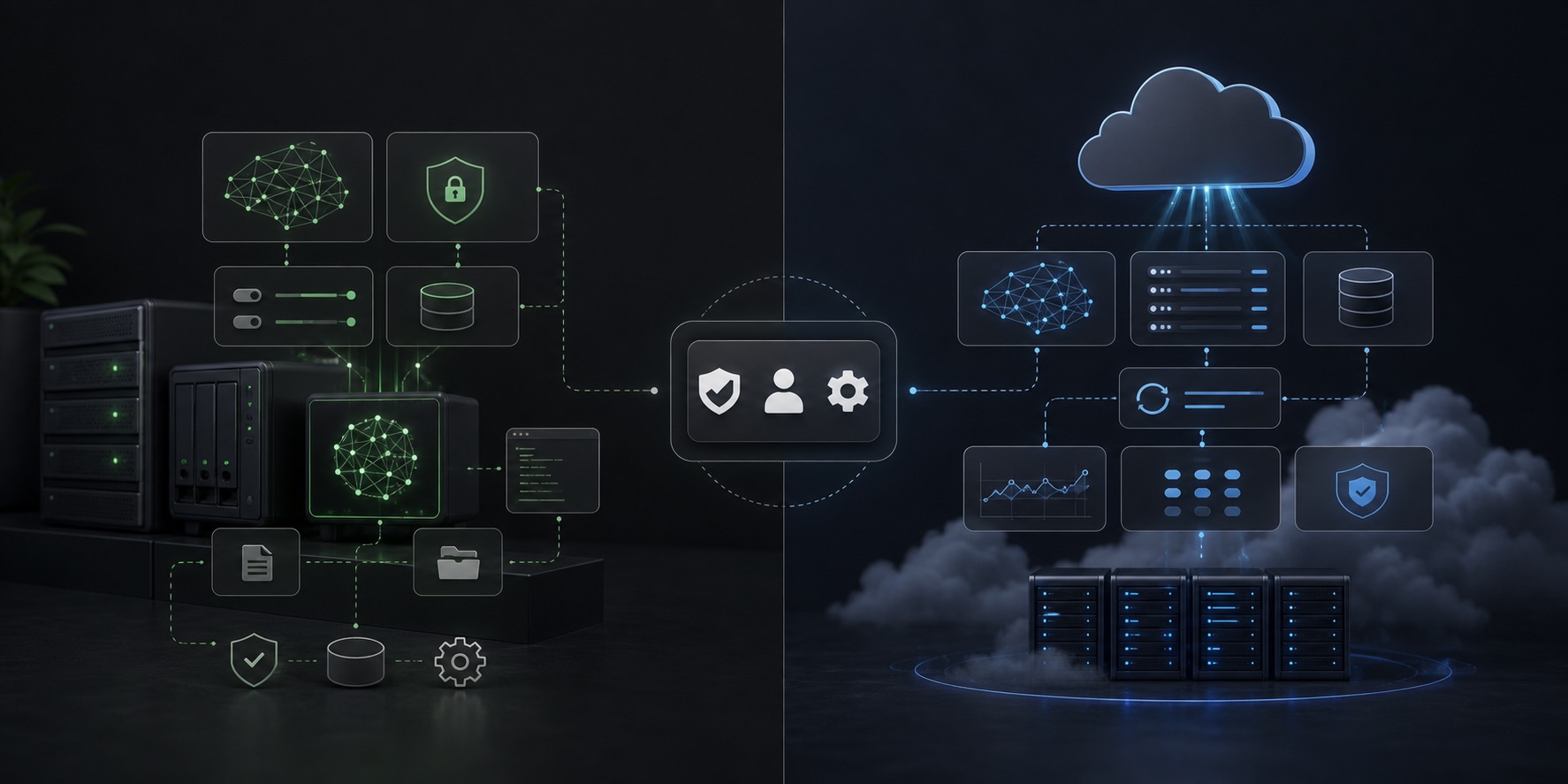 Dark comparison dashboard showing private server and managed cloud assistant options