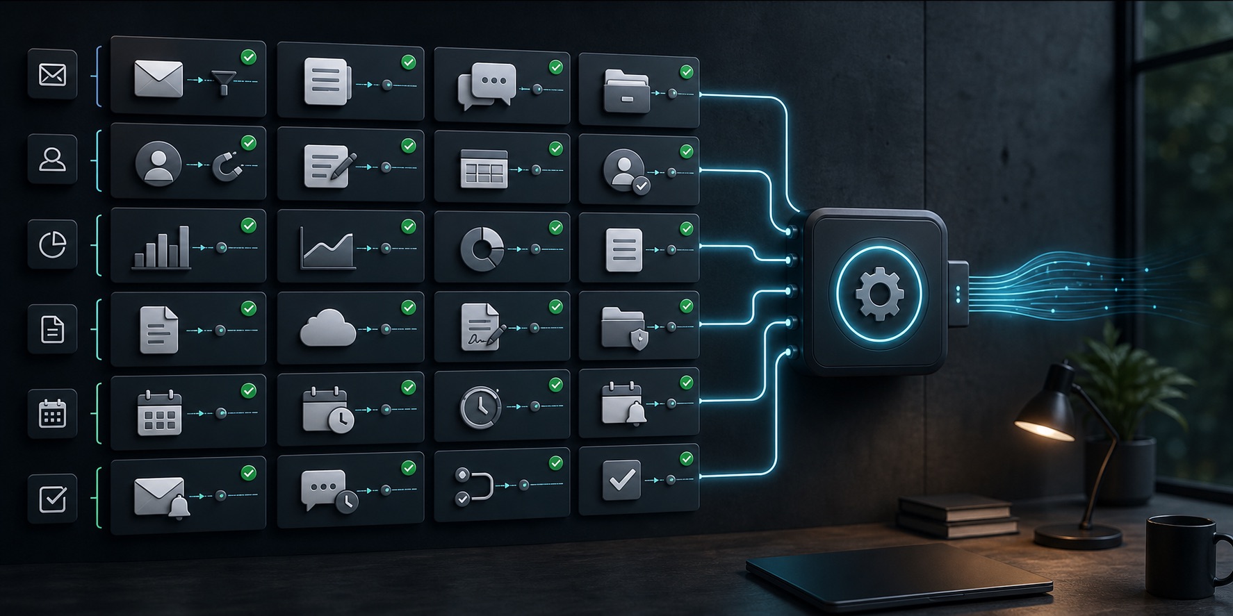 Dark founder operations console with multiple task modules connected to an automation engine