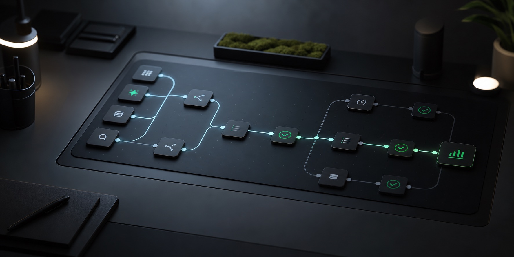 Dark operations board showing agentic AI workflow nodes and approval checkpoints